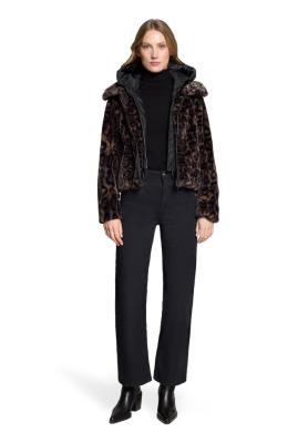 Damen-Plüschjacke mit Leo-Muster und integrierter Kapuze