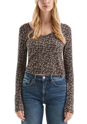Geripptes V-Neck Shirt mit floralem All-over-Print