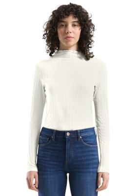 Schmales Langarmshirt mit Ajourmuster und Stehkragen