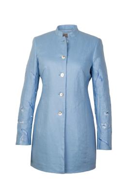 Femininer Leinen-Gehrock in Hellblau mit floralen Stickereien